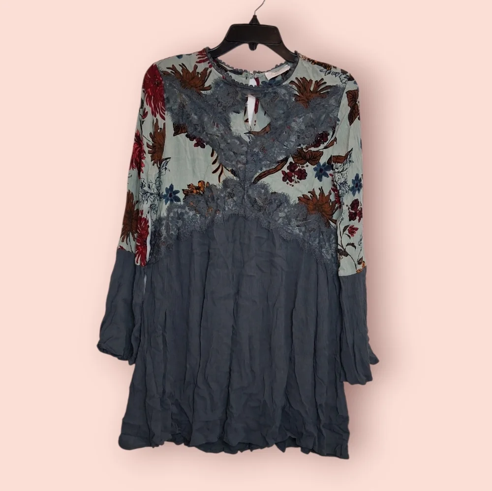 Hallela Floral Print Women's Keyhole Boho Tunic Dress With Lace Detail Size S